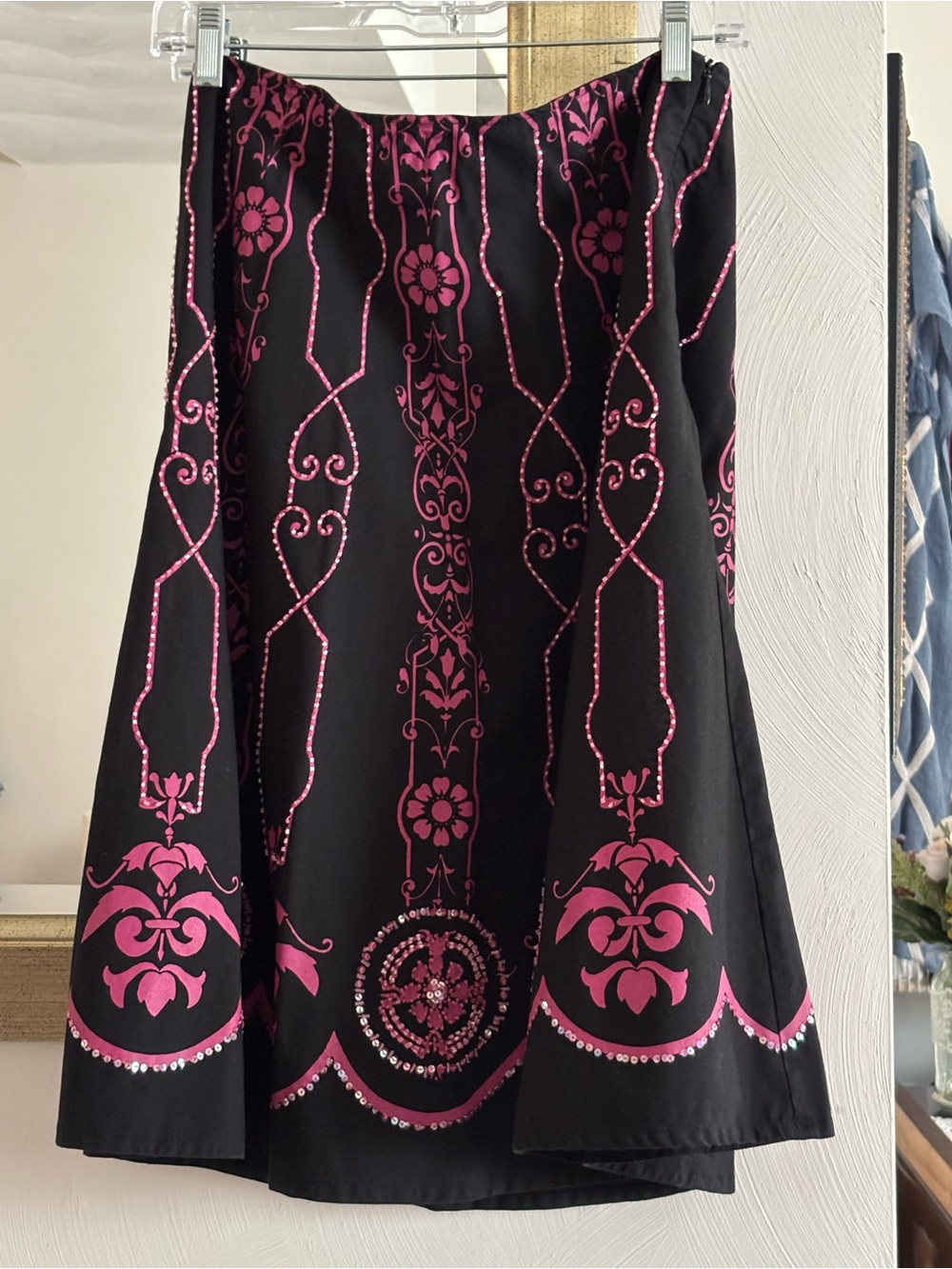 Basil & Maude Black & Pink Patterned A-Line Skirt